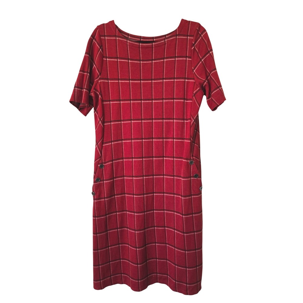 J.Jill Womens M Sheath Dress Red Plaid Ponte Knit Short Sleeve Button Pockets